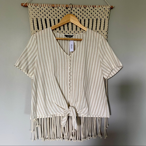 Jolie Striped Linen Front Tie Button Front Top - Picture 4 of 13